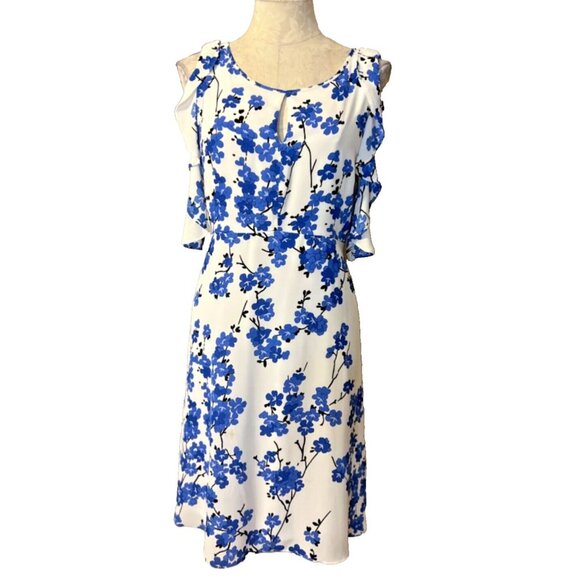 Nine West Dress 12 Cobalt Blue White Flowy Statement Sleeves Career Church - Picture 1 of 7